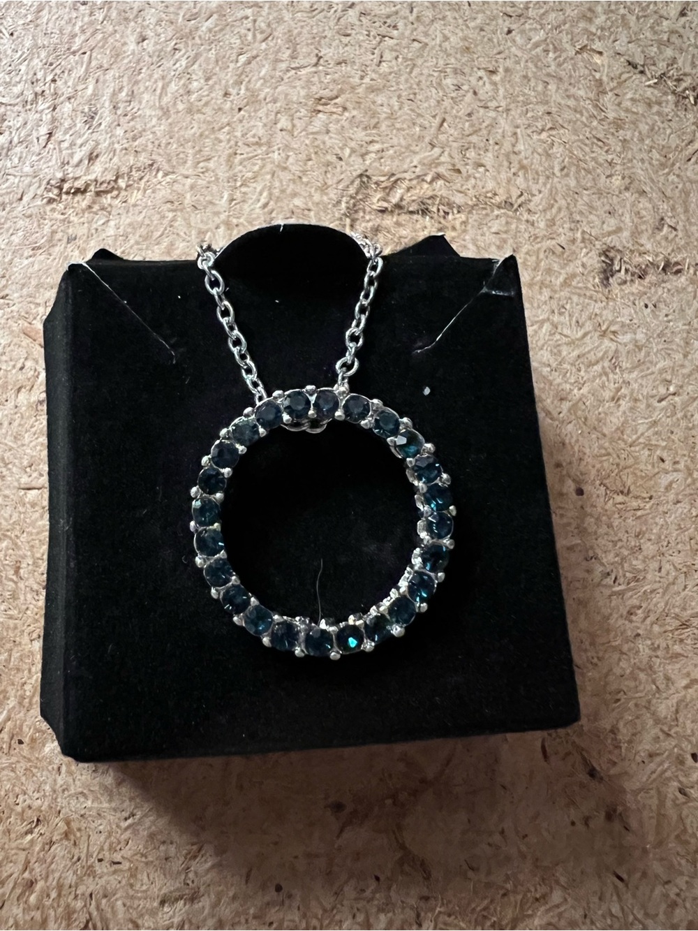 Avon Silver-Tone Necklace with Deep Blue Crystal Circle Pendant